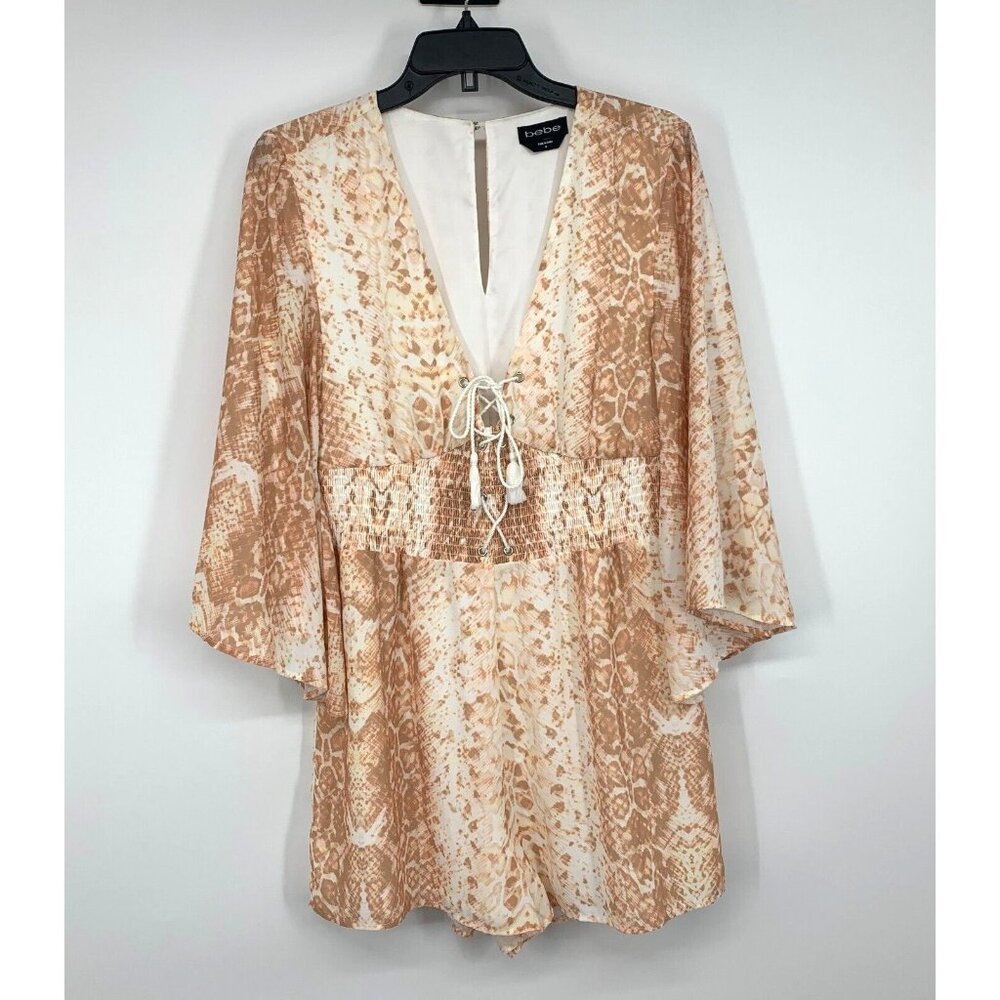 Bebe Romper Snake Print Lace Up V Neck Flutter Sleeve Smocked - Picture 2 of 15